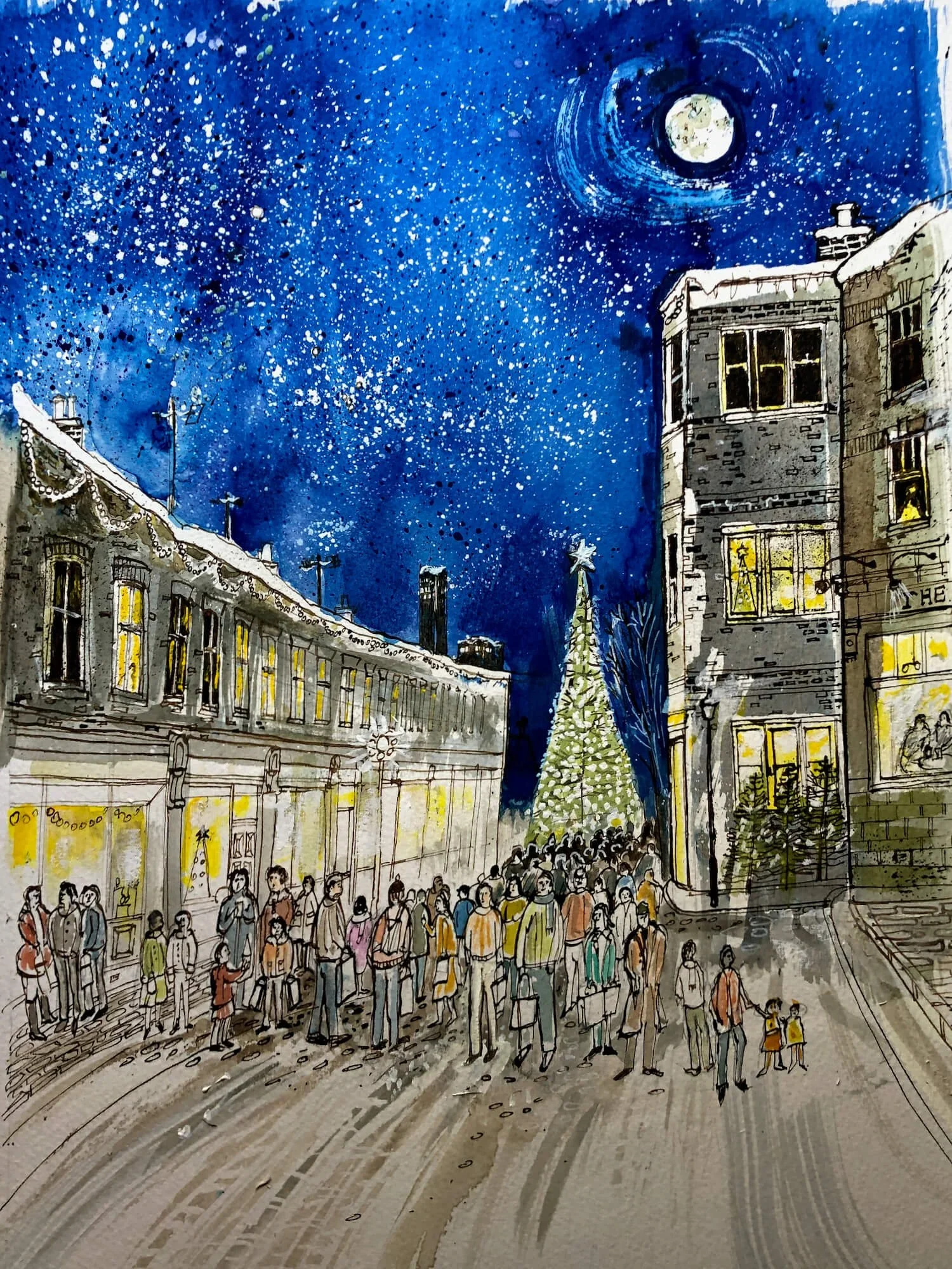 A lively street scene at night with a large crowd of people, a decorated Christmas tree in the center, surrounded by historic buildings with lit windows, and a deep blue sky with a full moon and stars.