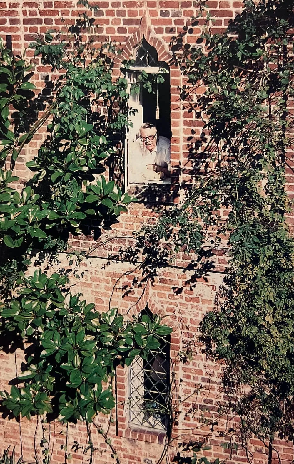 A man with glasses and gray hair looking out from an open window in a brick building surrounded by greenery and trees.