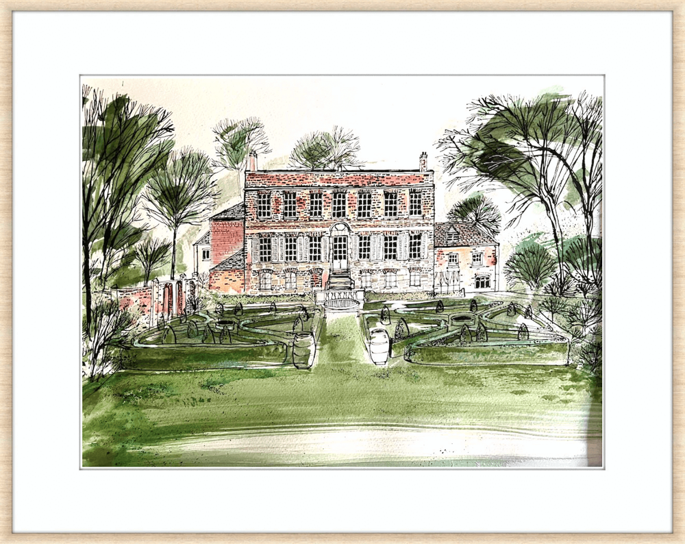 A watercolor illustration of a historic brick mansion surrounded by a landscaped garden with trimmed hedges, trees, and pathways.