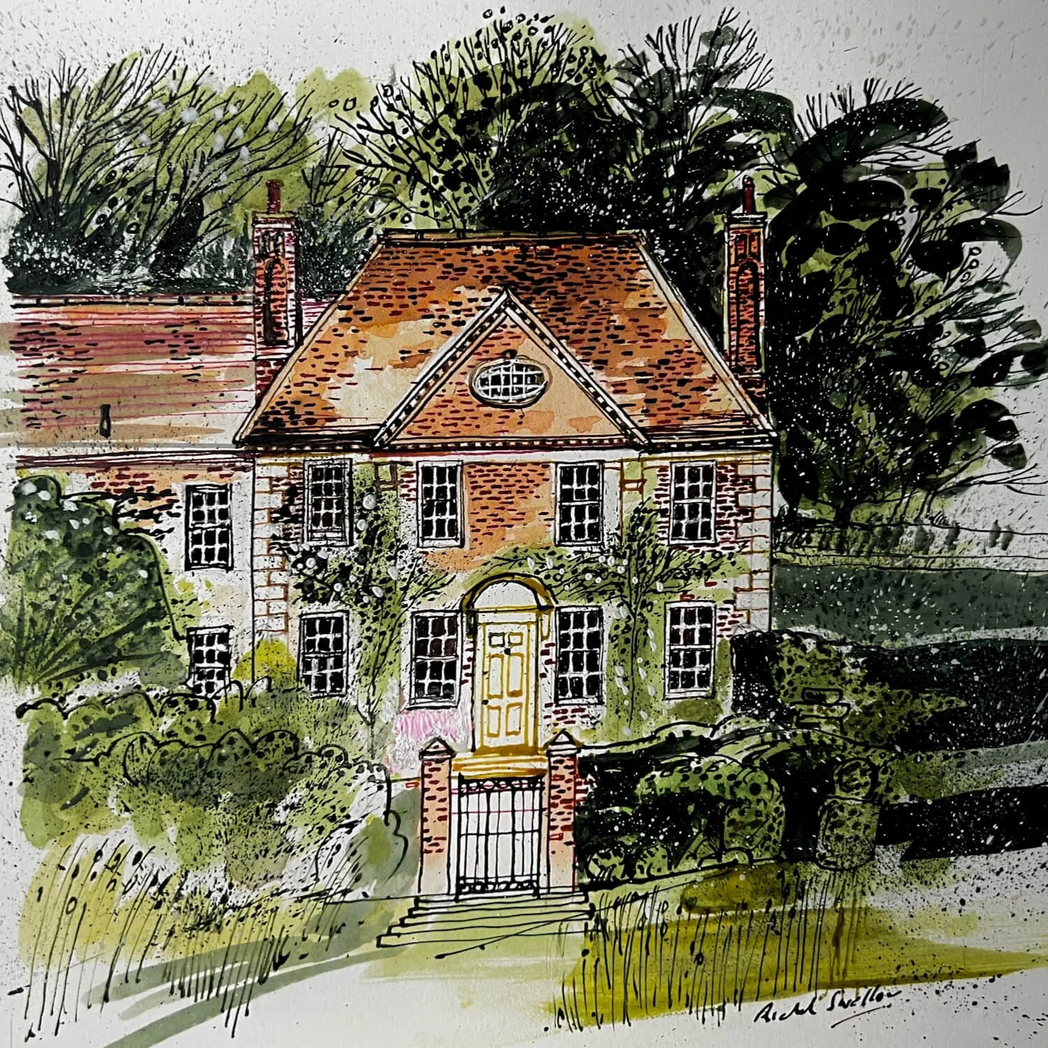 Watercolor illustration of a two-story brick house with a yellow front door, surrounded by lush greenery, trees in the background, and a gated front yard.