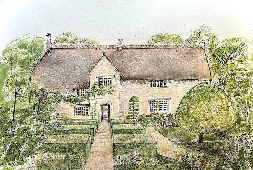 Watercolor illustration of a quaint house with a stone facade, surrounded by lush green trees and shrubs, with a centered pathway leading to the front door.