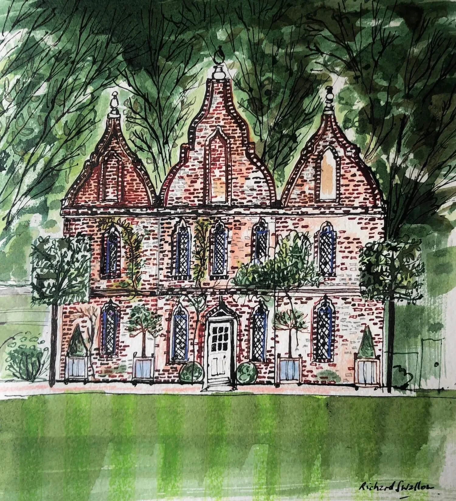A watercolor painting of a historic brick building with multiple spires, surrounded by trees and a manicured lawn.