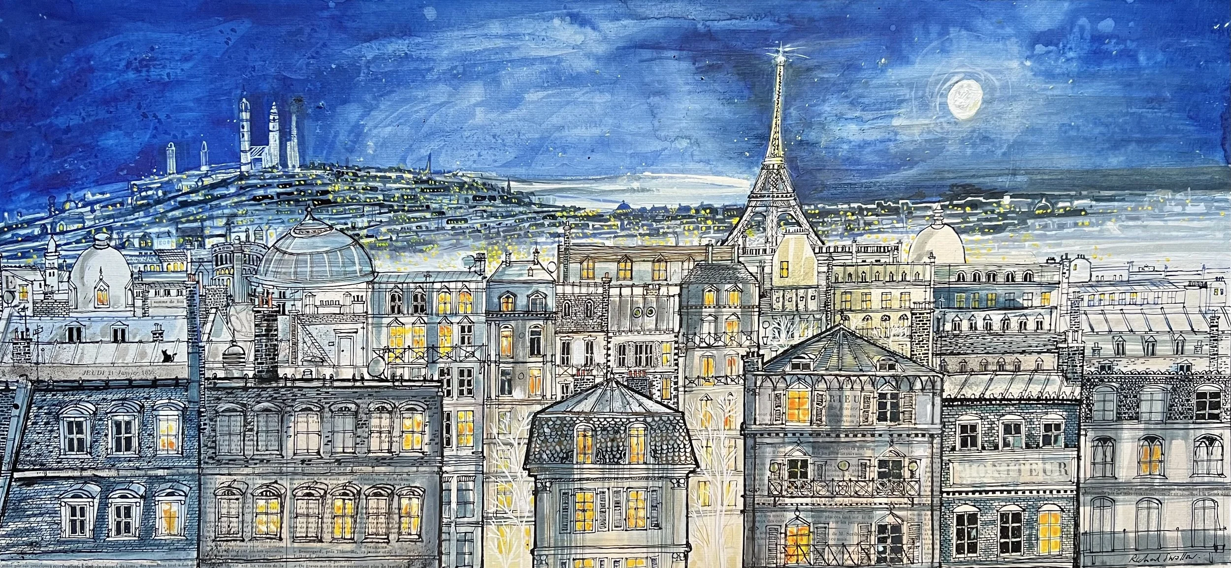 Nighttime watercolor cityscape of Paris featuring the Eiffel Tower illuminated under a full moon, with historic Parisian buildings and lit windows in foreground.
