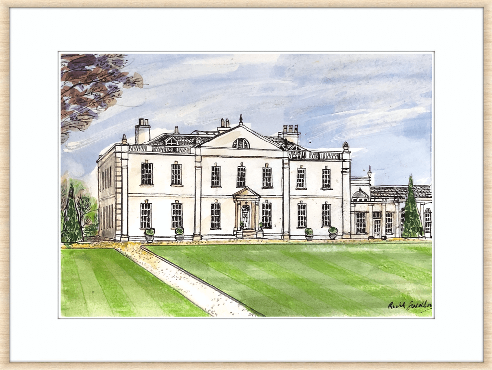 Watercolor illustration of a large, classical-style mansion with a front lawn and a stone pathway leading to the front door.