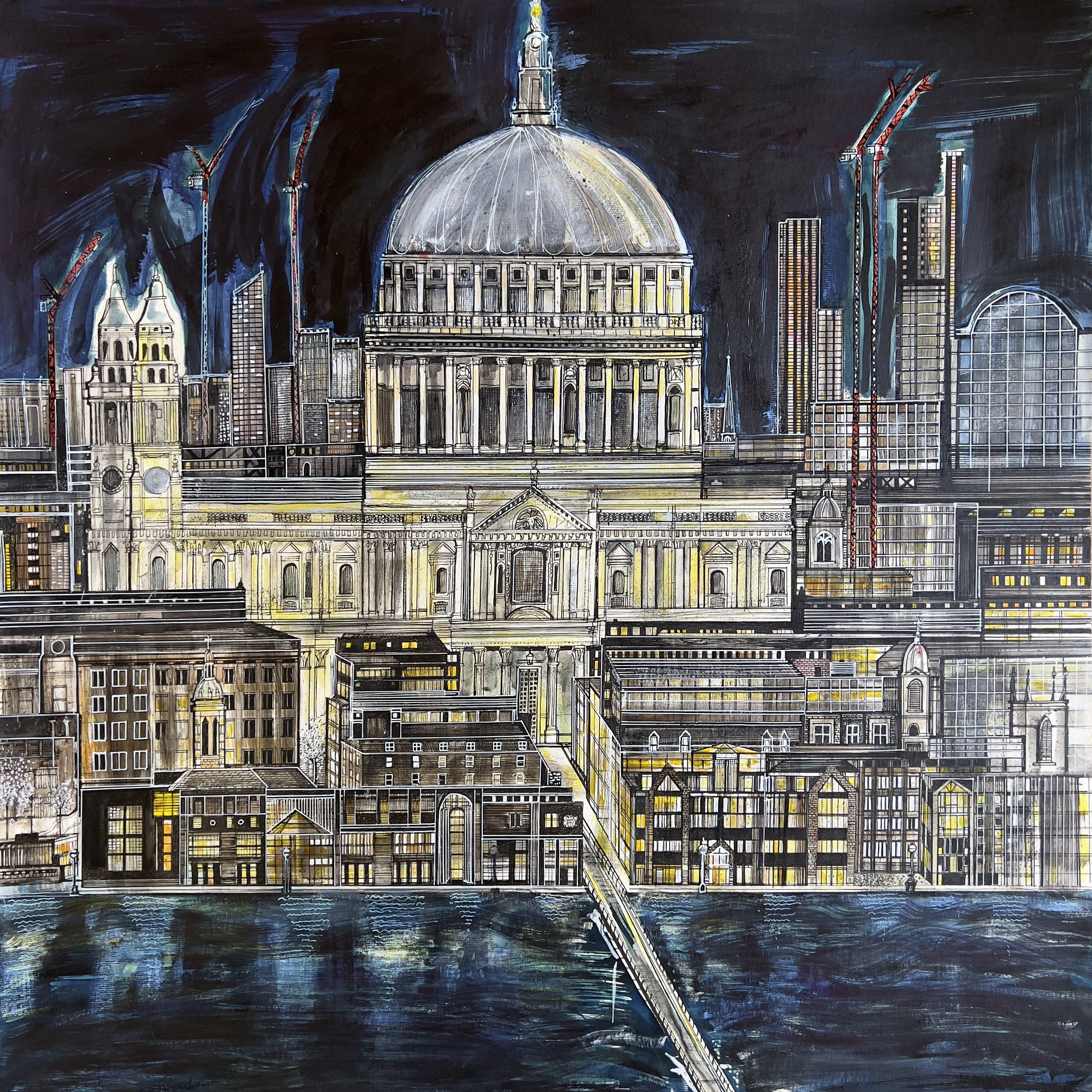 A city skyline at night featuring various tall buildings, a prominent domed building in the center, construction cranes, and a bridge over a body of water, with reflections on the water's surface.