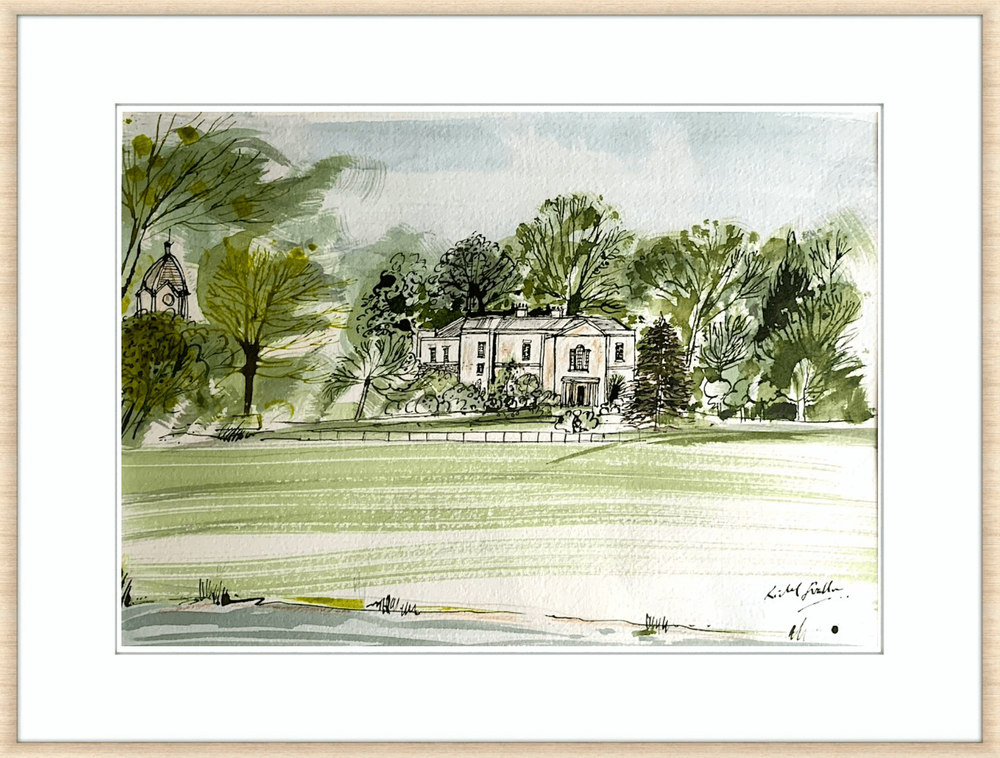 Watercolor painting of a large house surrounded by trees, with a lawn in the foreground and a small gazebo on the left side.