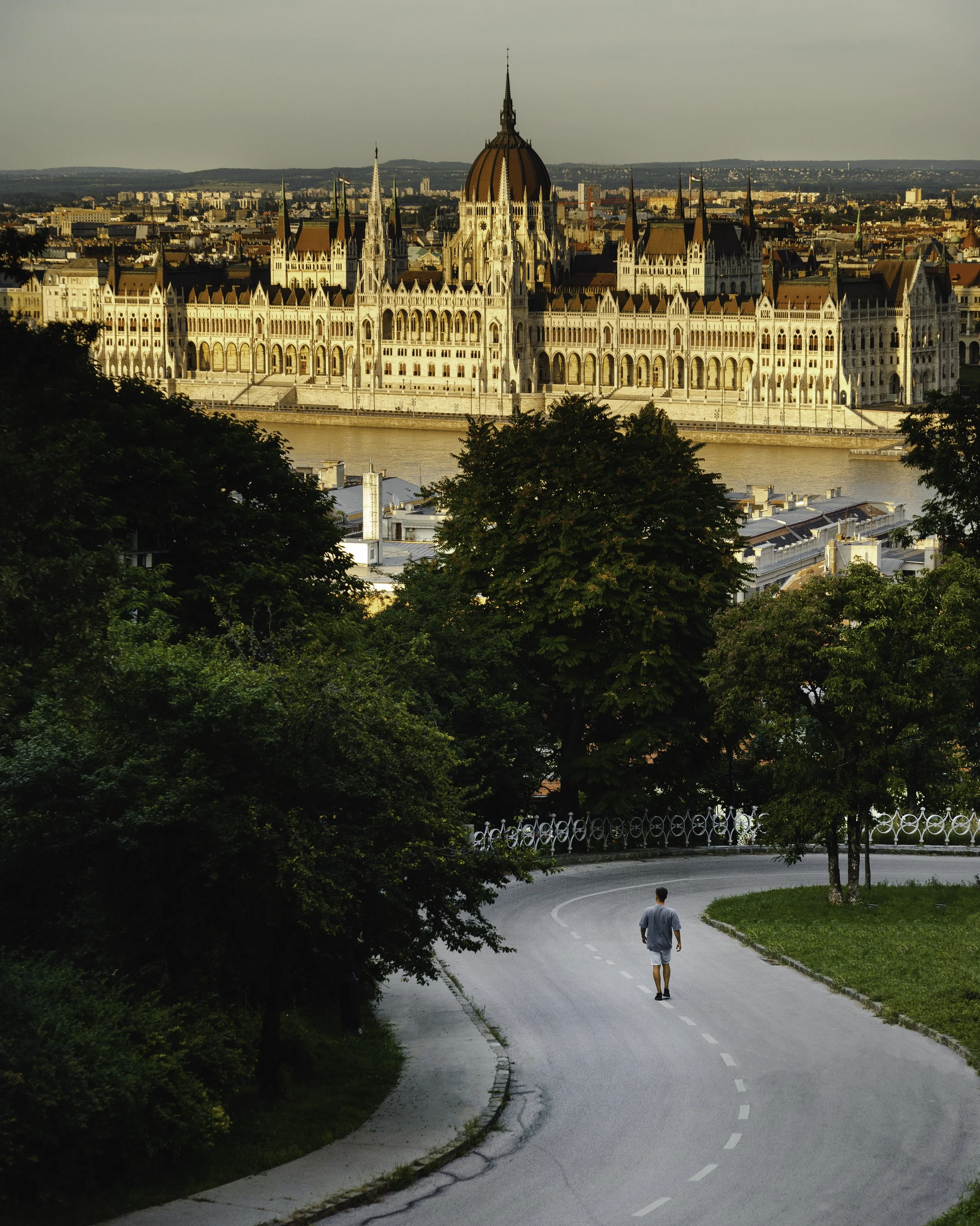 A man walking on a winding road with greenery on a hill, overlooking the city of Budapest, Hungary, with the Parliament Building visible in the distance during the daytime.