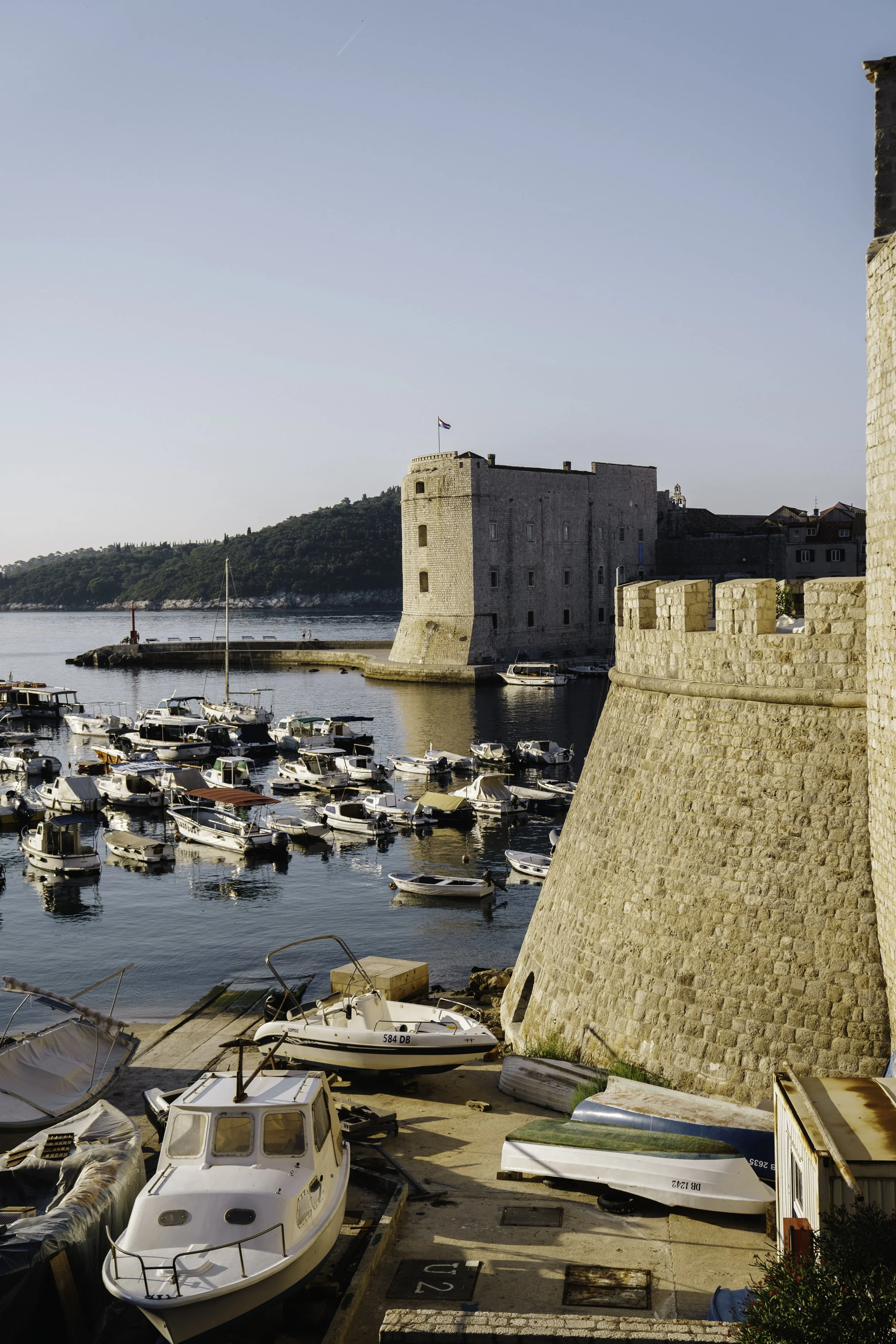 A harbor with docked boats, a stone fortress with a flag on top, and a hillside in the background.