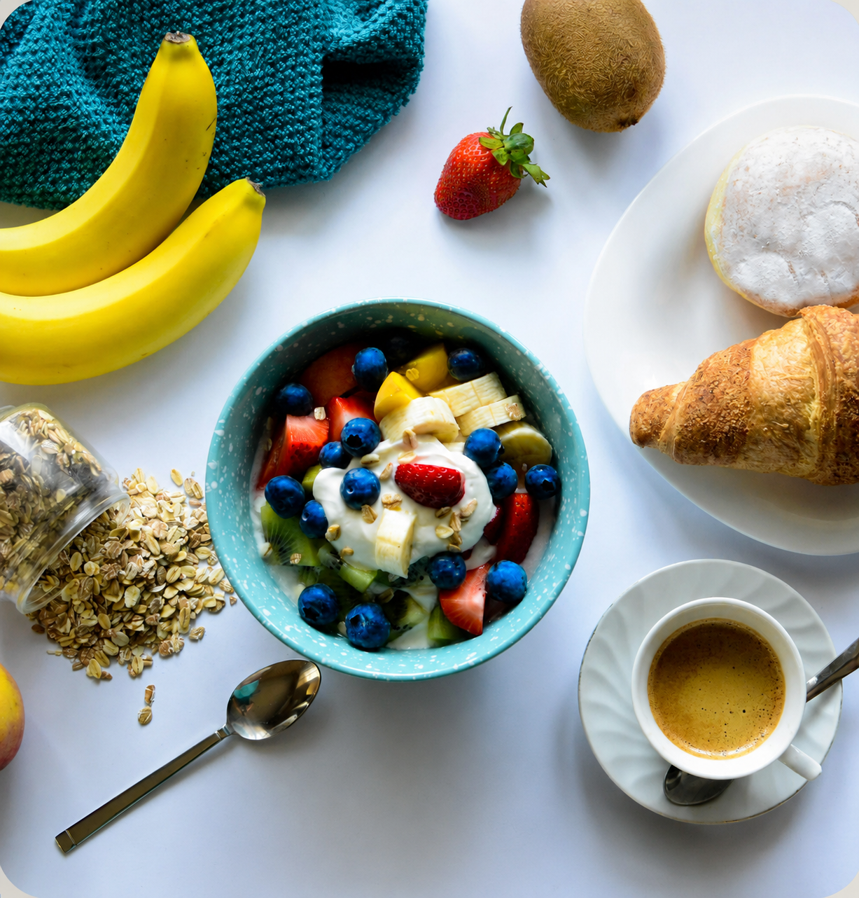 A full, nourishing breakfast with coffee — nutrition counseling by Alexa Nichols, MS, RD, CDN.
