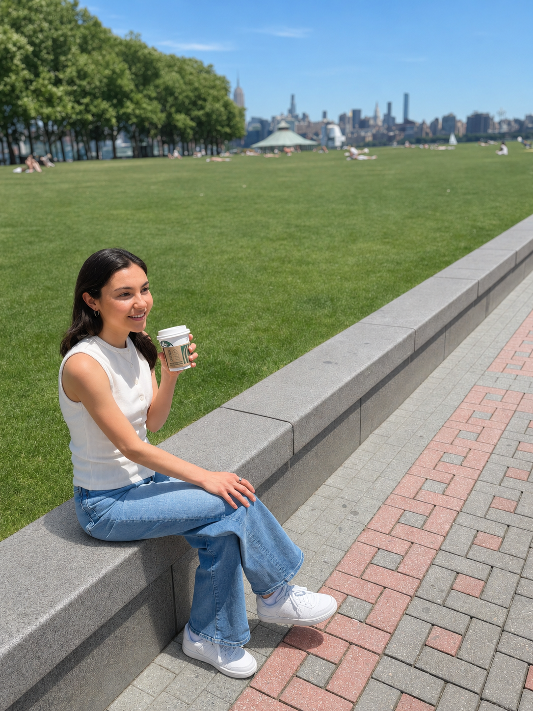 Alexa Nichols, MS, RD, CDN sitting on a stone ledge in a park with New York City in the background. Alexa sees clients in New York, and virtually in New Jersey, California, Colorado, Connecticut, and Virginia.