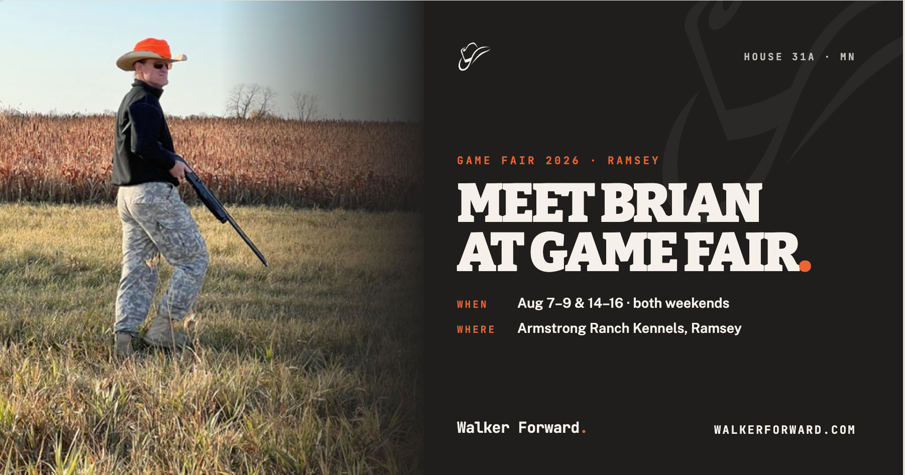 Image of Brian Walker in a field with text about the details of Game Fair at Armstrong Ranch Kennels in Ramsey MN