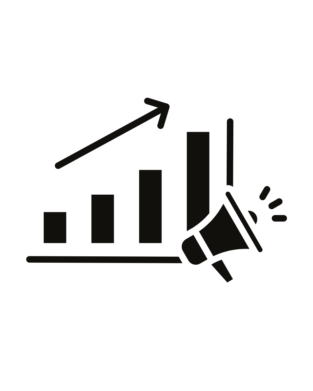 Line graph with upward trend and a megaphone icon indicating growth or announcement