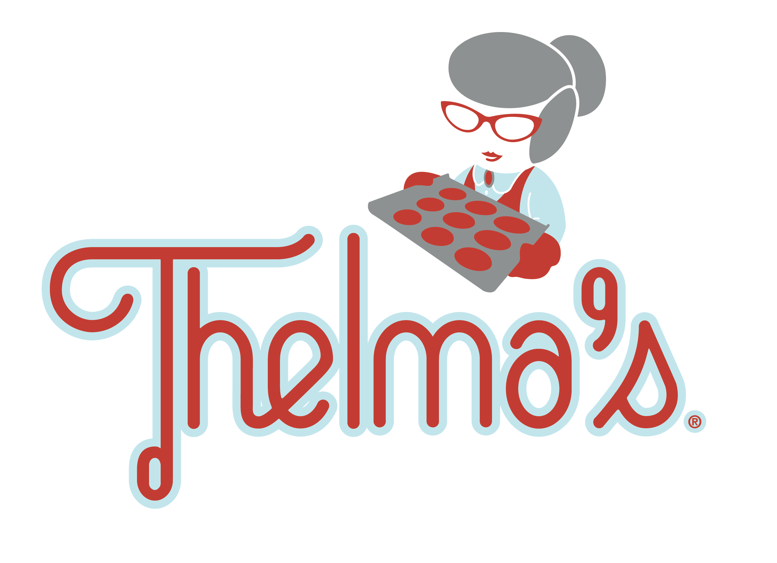 Illustration of a woman with gray hair and red glasses holding a baking tray with red cookies, accompanied by the phrase 'The Modern Pantry' in stylized red and blue text.