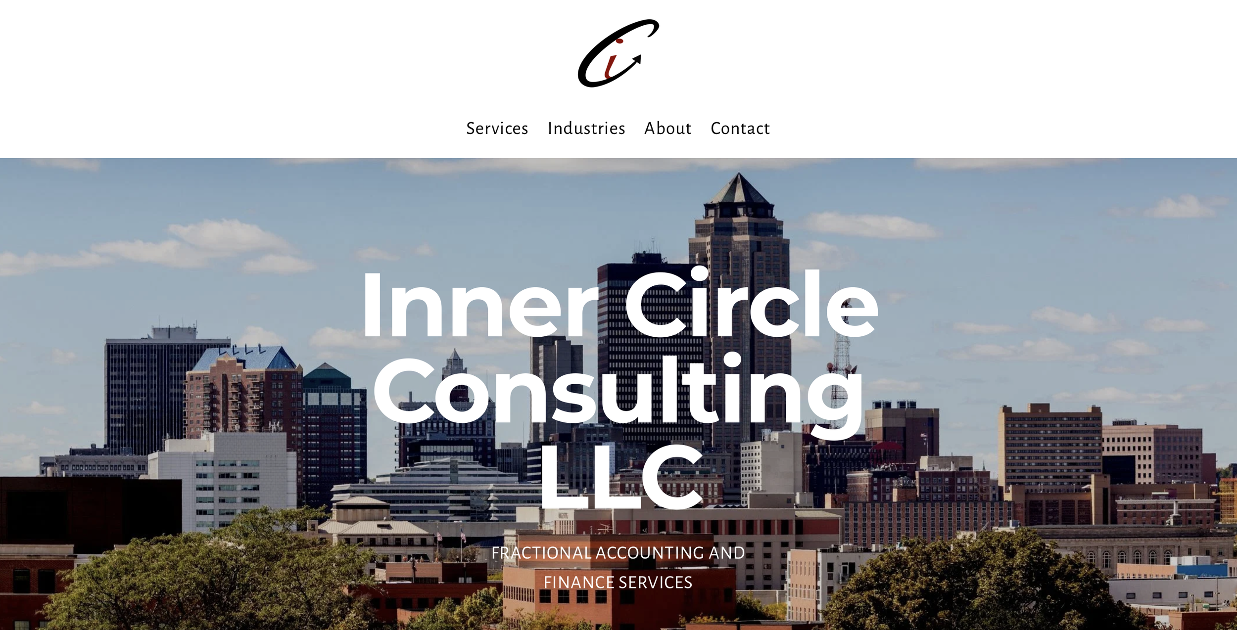 City skyline with tall buildings under a blue sky with scattered clouds, overlaid with text 'Inner Circle Consulting LLC' and menu options Services, Industries, About, Contact.