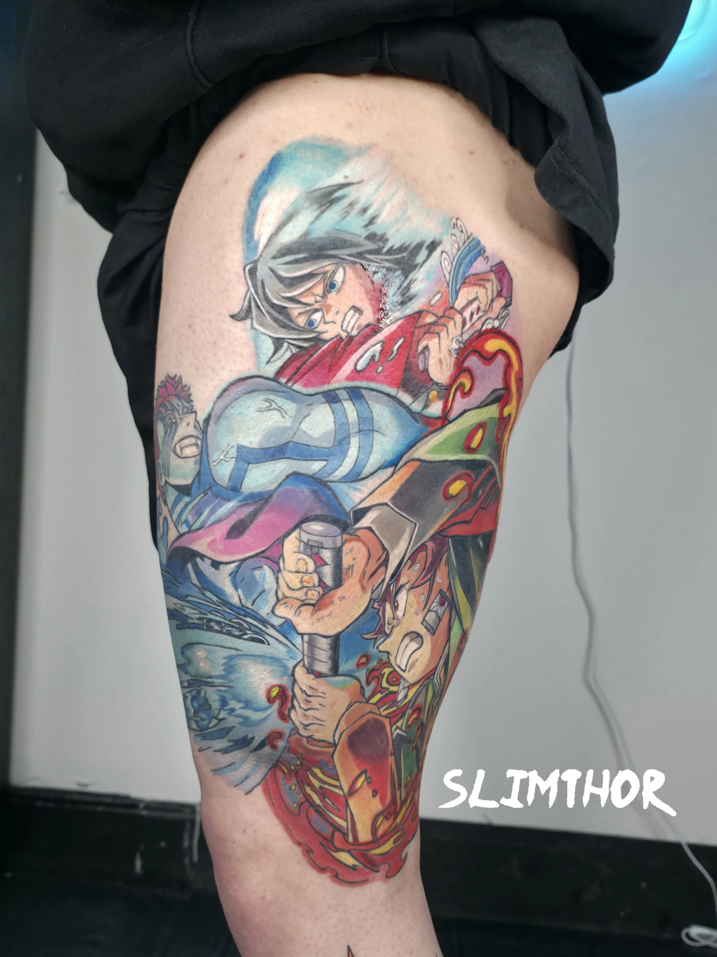 A colorful tattoo of a warrior character wielding a sword, with a background of blue sky and clouds, on a person's thigh.