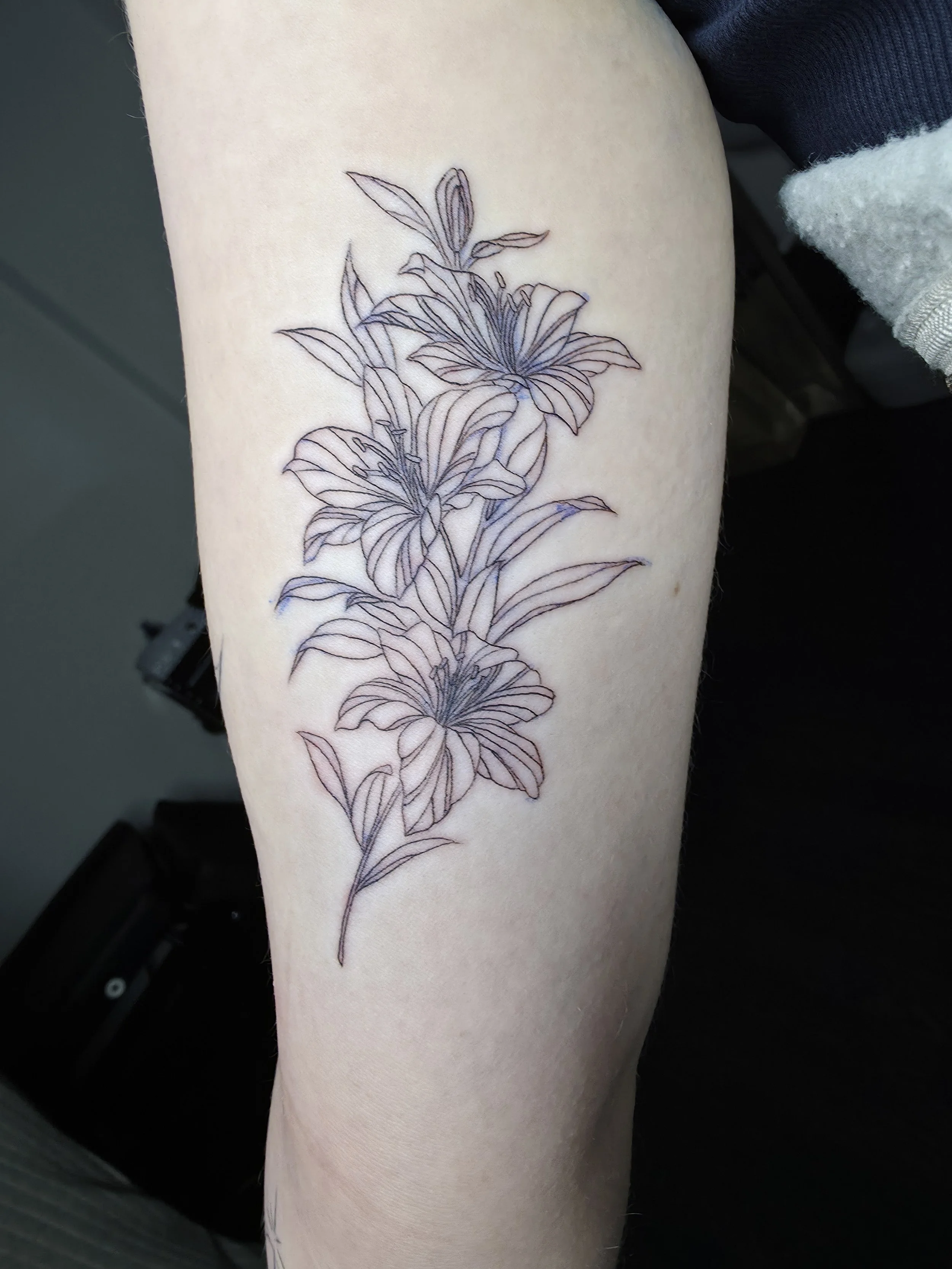 A line art tattoo of three lilies with leaves on a person's thigh.
