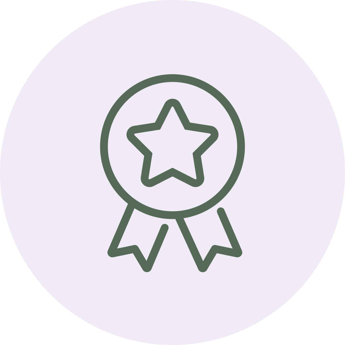 Outline of a badge with a star in the center and two ribbons hanging below, on a light purple background.