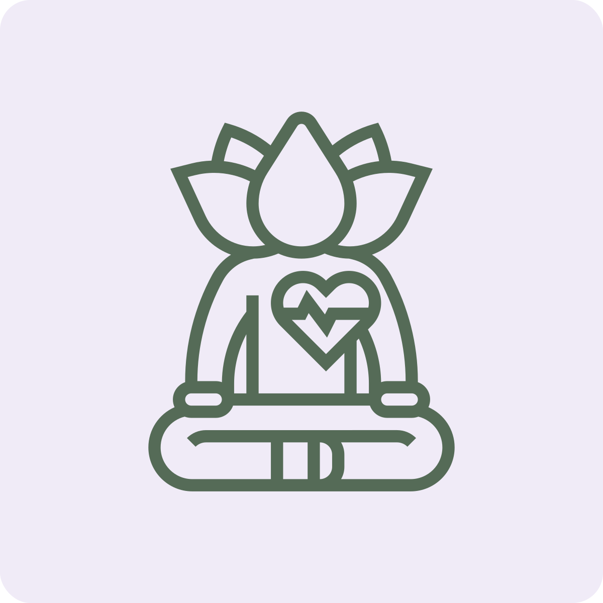 Outline drawing of a meditating person with a lotus flower above their head and a heart with an electrocardiogram line in the center, suggestive of mindfulness and heart health.
