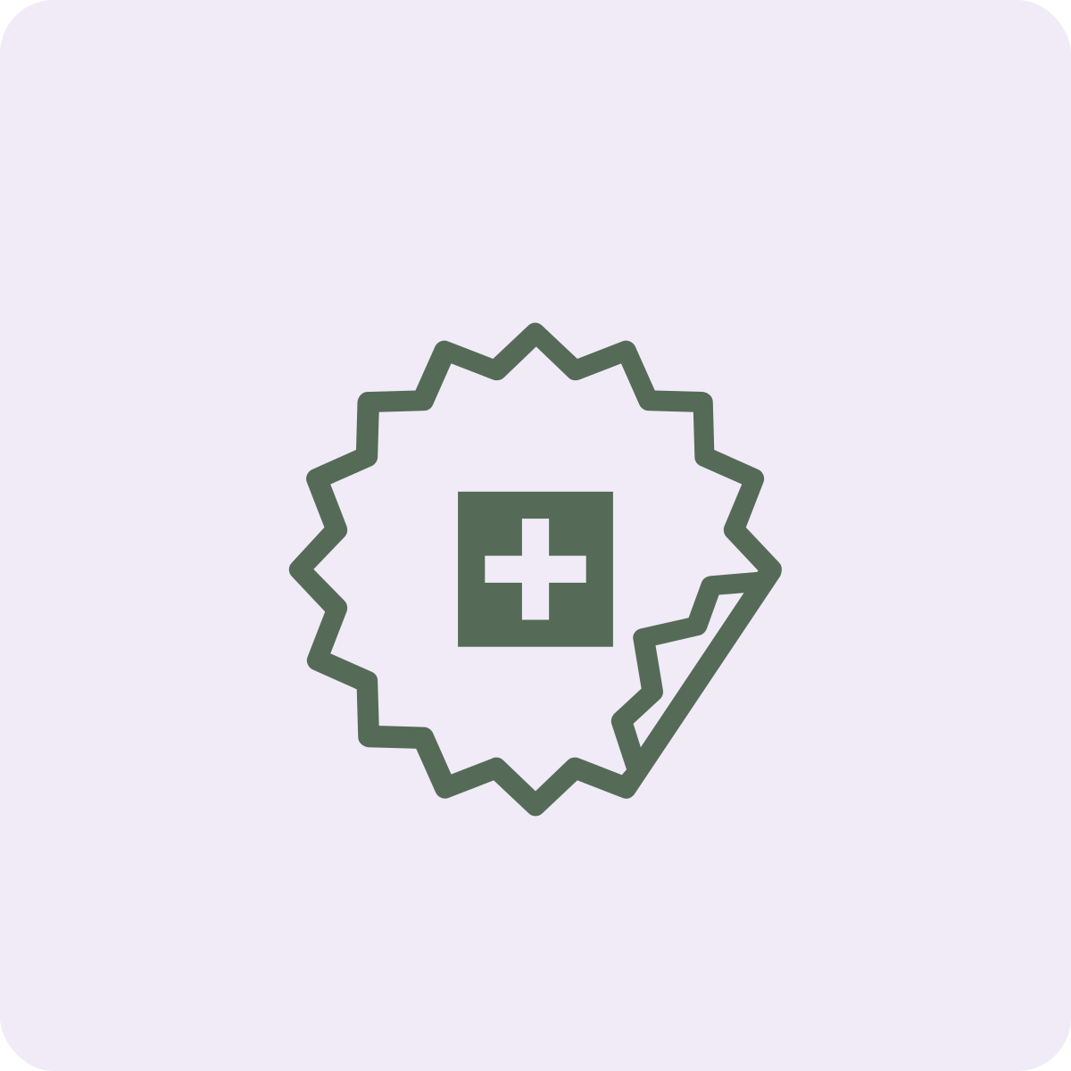 Icon of a medical or first aid badge with a white cross inside a square, surrounded by a jagged circular outline.