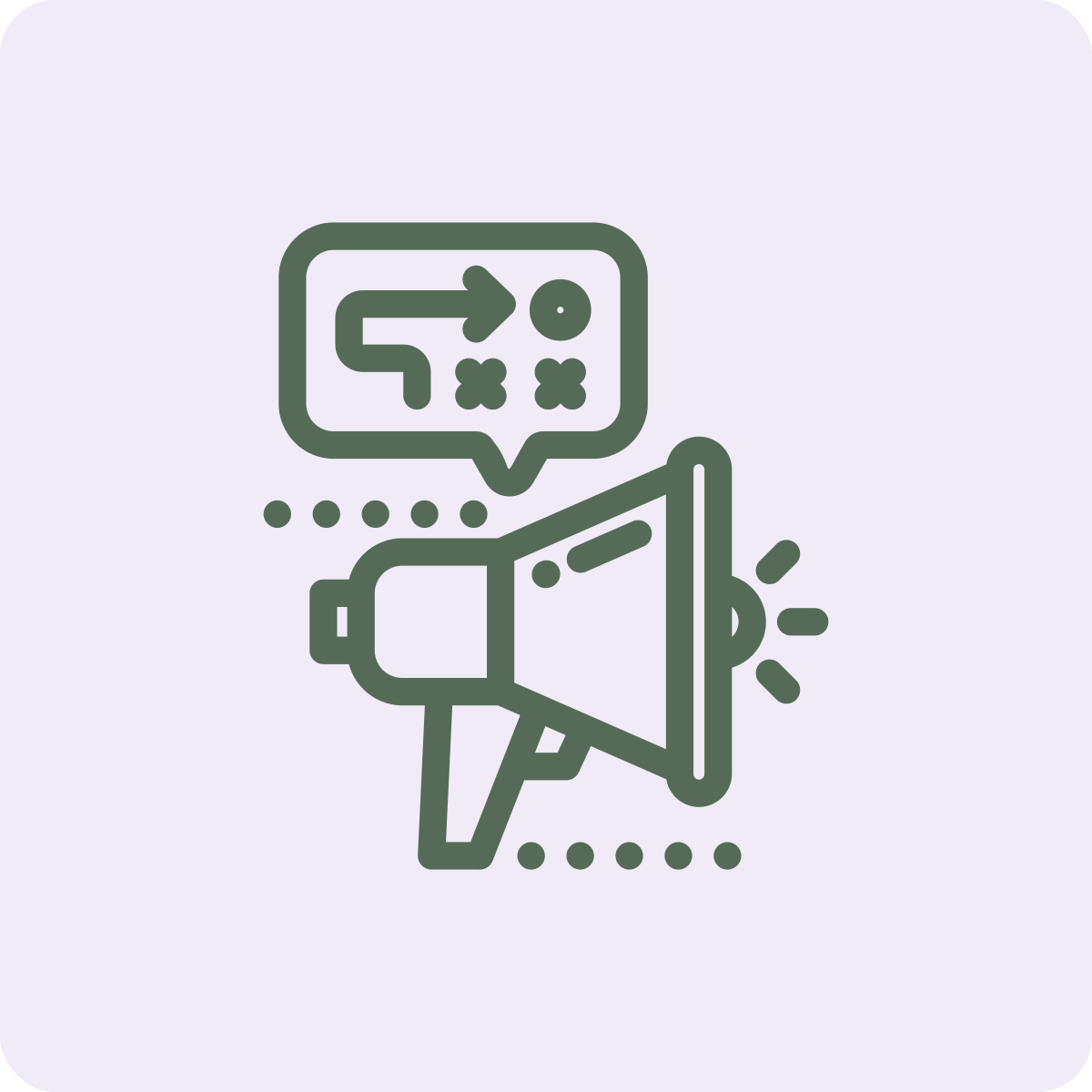 Outline icon of a megaphone with a speech bubble containing a plan or strategy diagram with an arrow and Xs, representing communication or announcement planning.