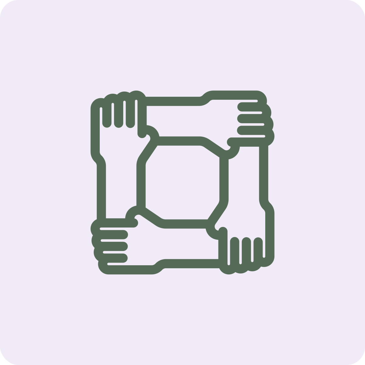 Four hands holding square outline with a gear icon in the center, symbolizing teamwork or collaboration.