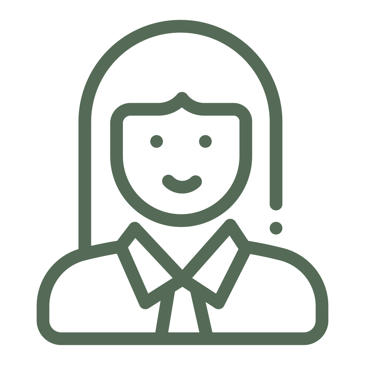 Line drawing of a woman with long hair, smiling, wearing a collared shirt and tie.
