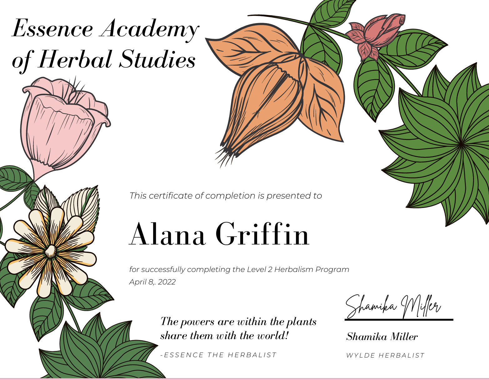 Certificate with botanical illustrations of various plants and flowers, awarded to Alana Griffin by the Essence Academy of Herbal Studies.