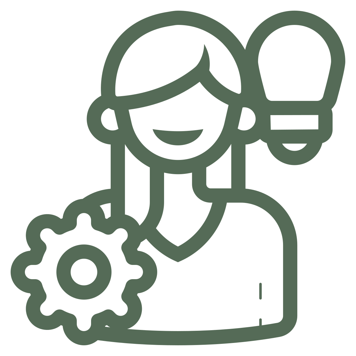 Line drawing of a person with glasses holding a gear, with another person in a mask behind them.