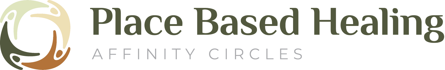 Logo for Place Based Healing, Affinity Circles featuring a circular design with stylized figures in beige, dark green, and brown.