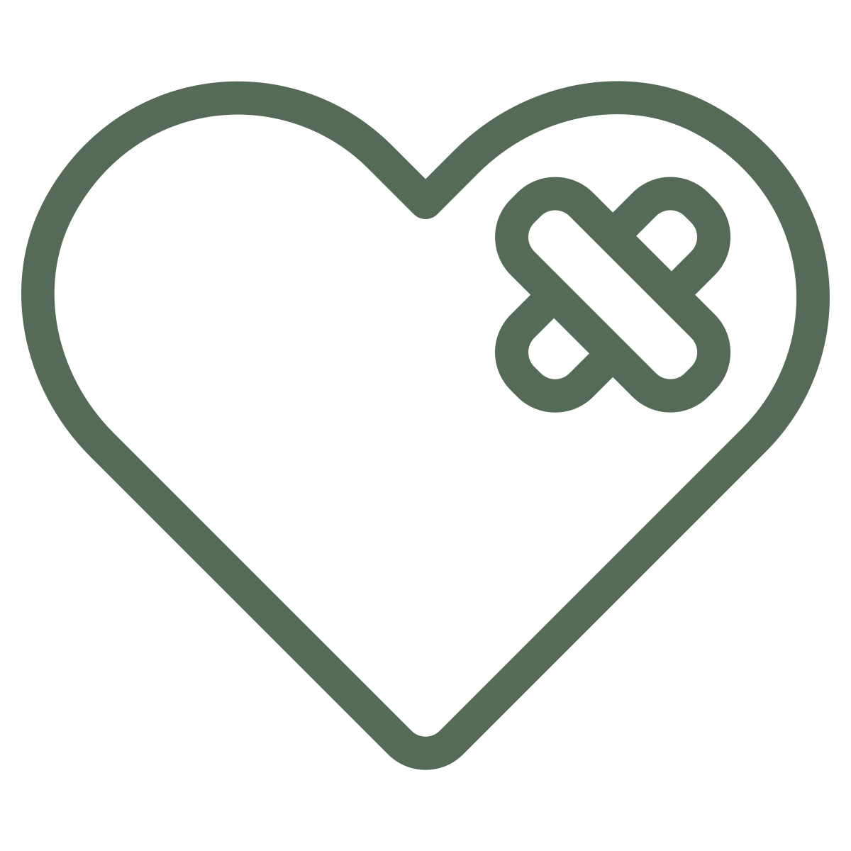 Black heart outline with interwoven bandage symbol inside, representing health or healing.