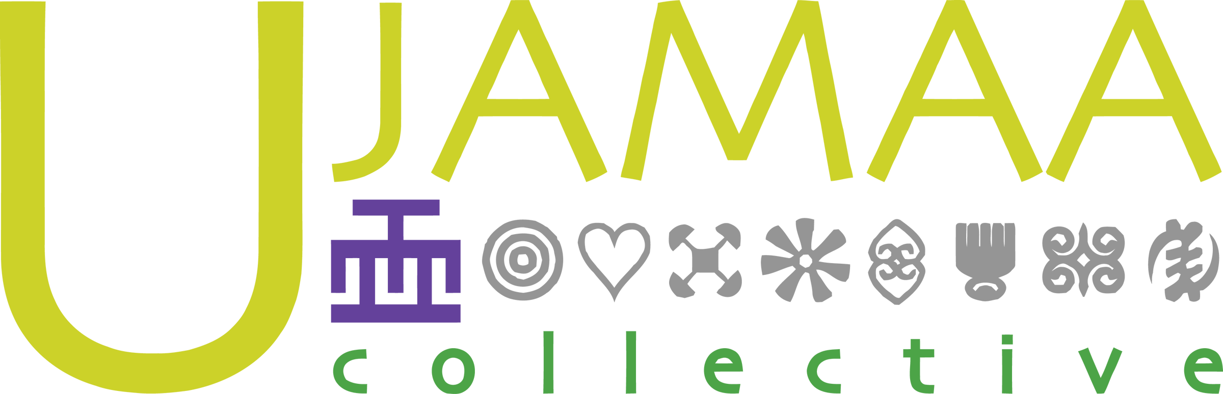 Colorful stylized city skyline with purple, gray, and green buildings on a yellow background.