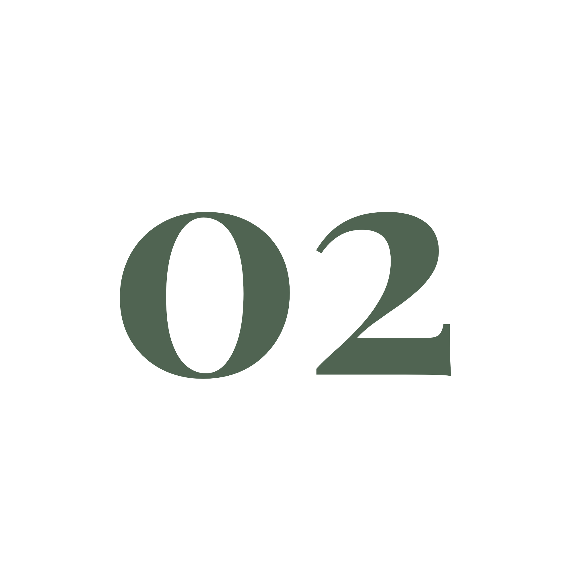 Black background with the large white numbers '02' and the upper case letter 'O' in dark green overlapping the left side of the numbers.