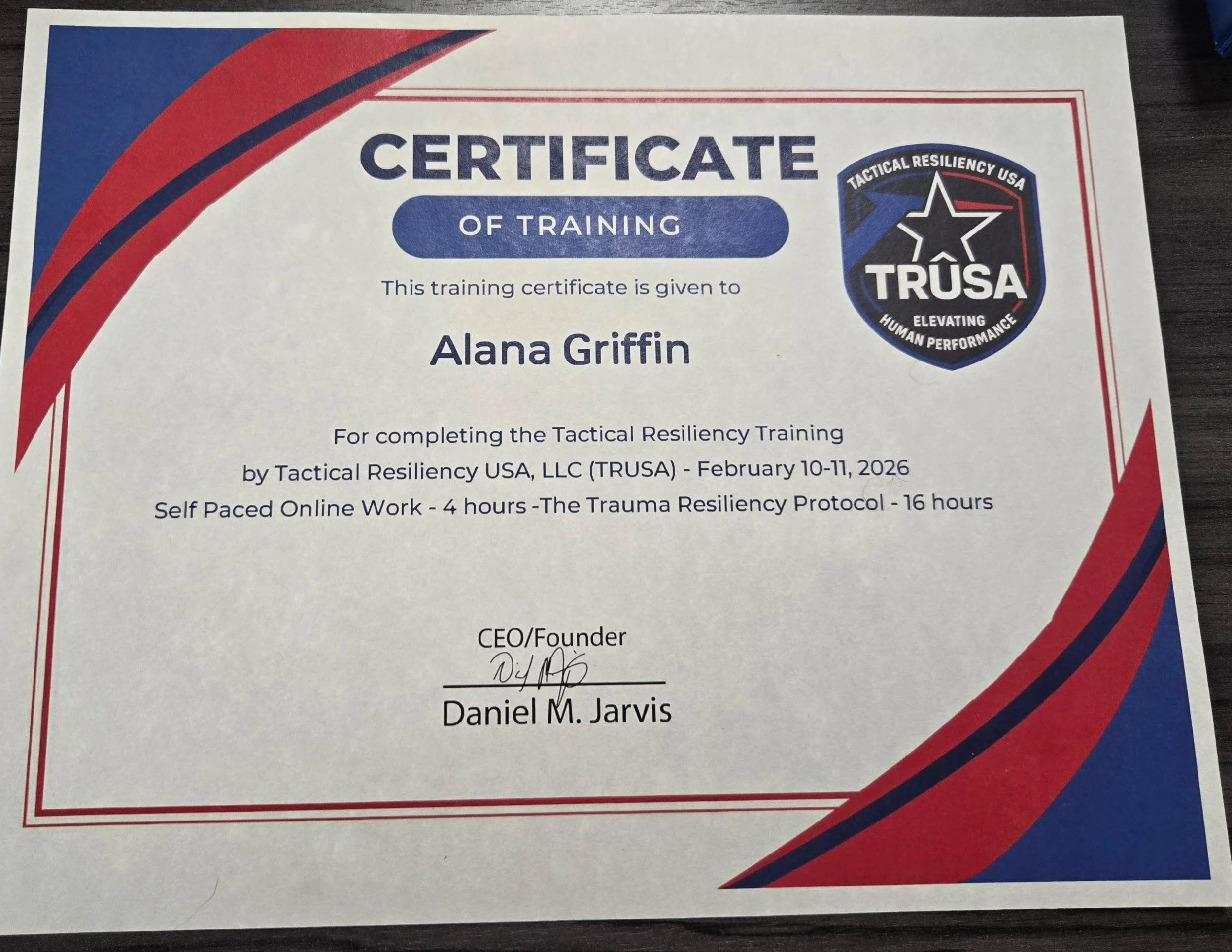 Certificate of training from Tactical Resiliency USA LLC awarded to Alana Griffin, with a logo of a star and the text 'Tactical Resiliency USA' and 'Trusa'.