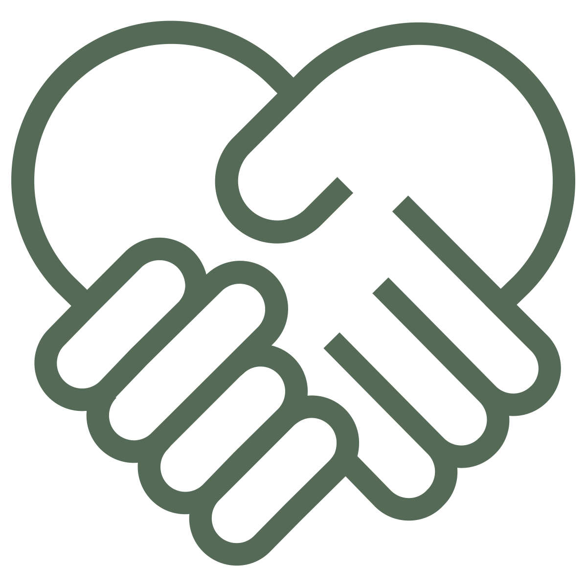 Outline of two hands shaking with a heart in the background