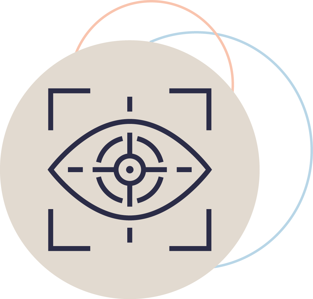 Symbol eines Auges mit Zielkreuz, umgeben von mehreren ineinander verschlungenen Kreisen