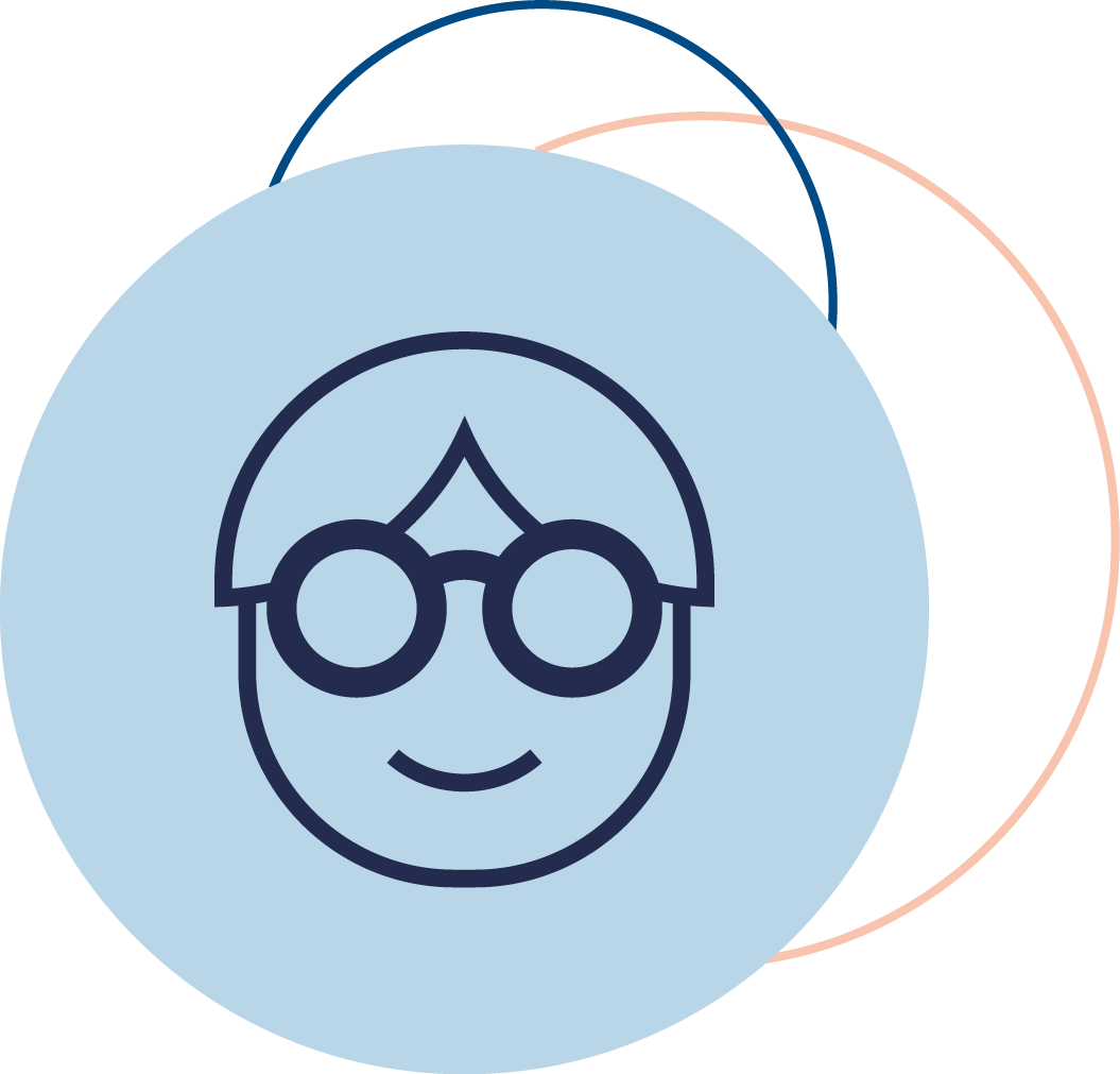 Eine einfache Illustration eines lachenden Gesichts mit kurzen Haaren und runden Brillen auf einem blauen Hintergrund, umgeben von weiteren überlappenden Kreisen in verschiedenen Farben.