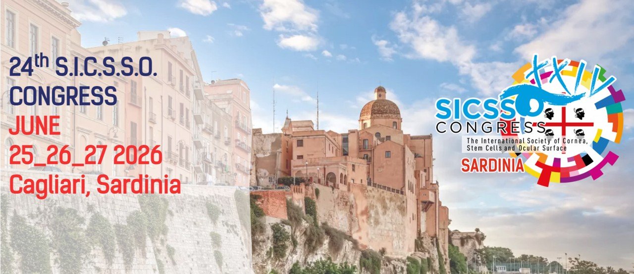 Veranstaltungsplakat für den 24. S.I.C.S.S.O. Kongress, der vom 25. bis 27. Juni 2026 in Cagliari, Sardinien, stattfindet. Das Plakat zeigt eine Stadtansicht von Cagliari mit historischen Gebäuden und einem blauen Himmel mit Wolken.