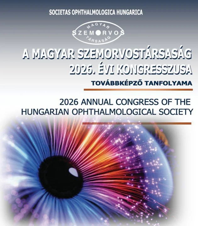 Plakat für den Kongress 2026 der Magyar Szemorvos Társaság, der Ungarischen Augenärztlichen Gesellschaft, mit buntem Augensymbol und Text in Ungarisch und Englisch.