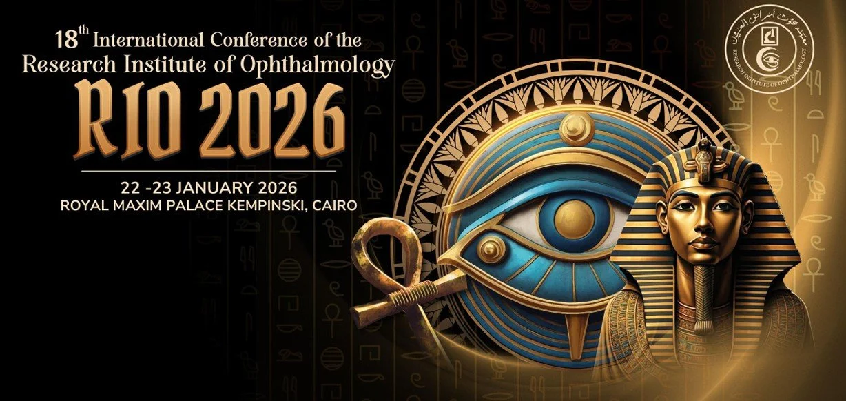 Titelseite der internationalen Konferenz der Forschungseinrichtung für Ophthalmologie, R10 2026, vom 22. bis 23. Januar 2026 im Royal Maxim Palace, Kairo, mit ägyptischer Symbolik und Hieroglyphen