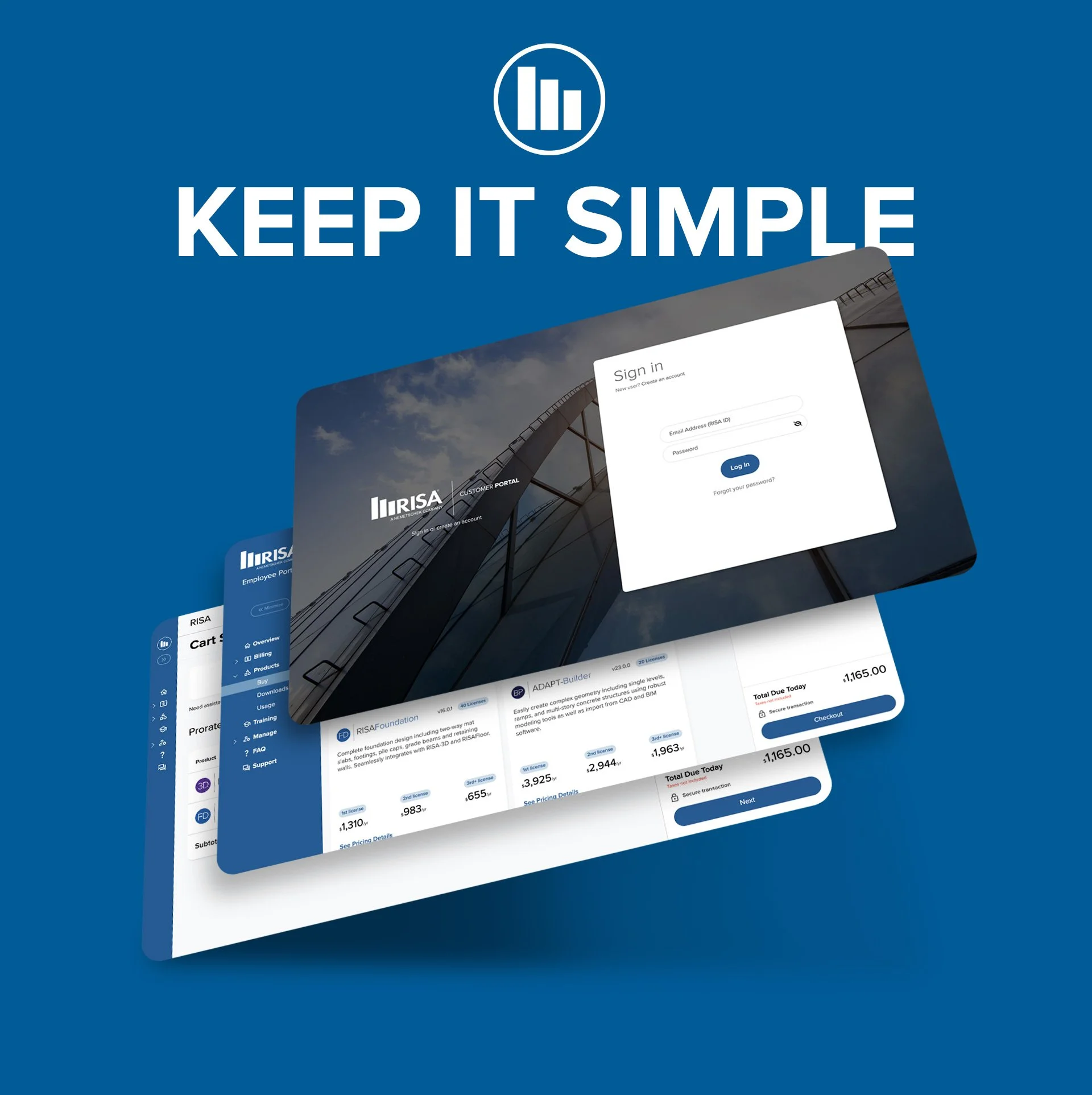 Digital graphic with a blue background featuring the words 'Keep It Simple' and a circular icon with a bar graph, partially showing multiple overlapping screens of a user login portal, charts, and financial data.
