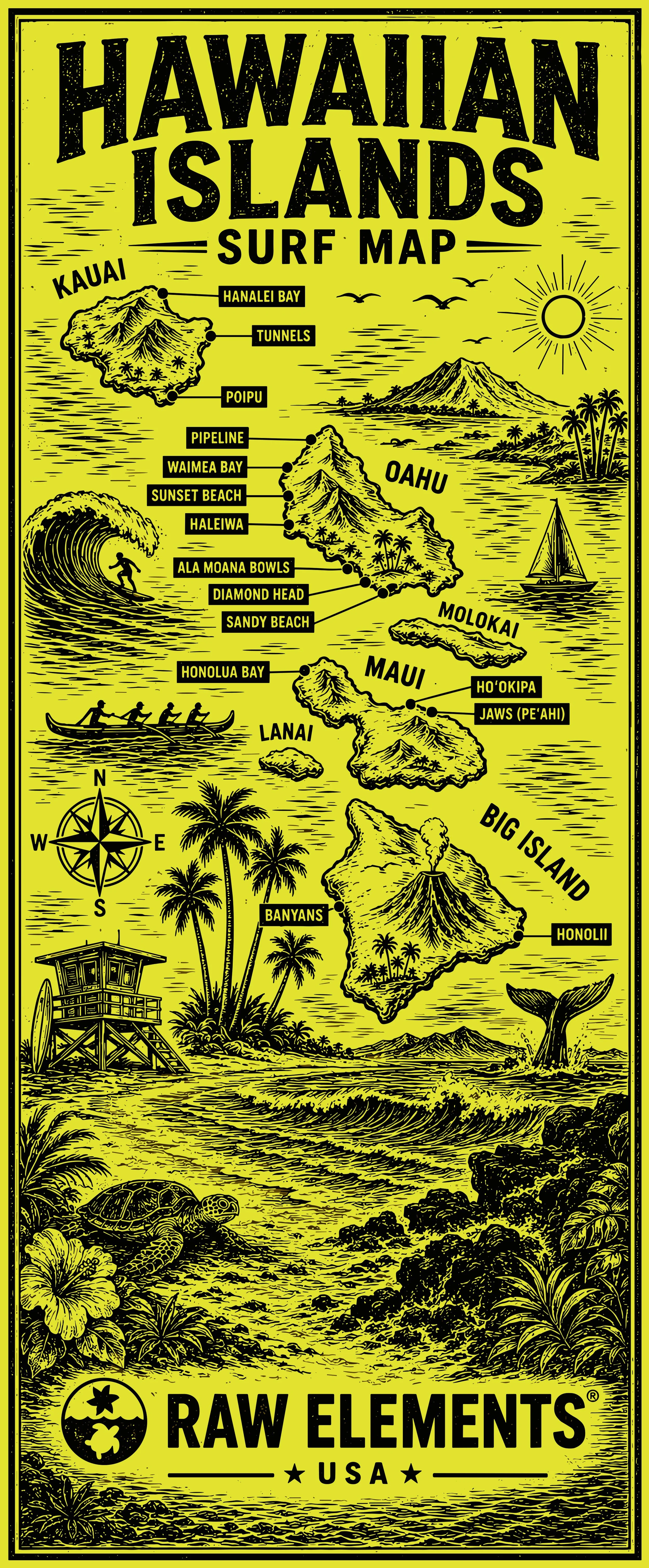 A stylized illustrated map of the Hawaiian Islands showing its major islands and beaches, volcanoes, and notable features, decorated with tropical elements like palm trees, a whale tail, a turtle, and a ship, with a compass rose in the bottom left co