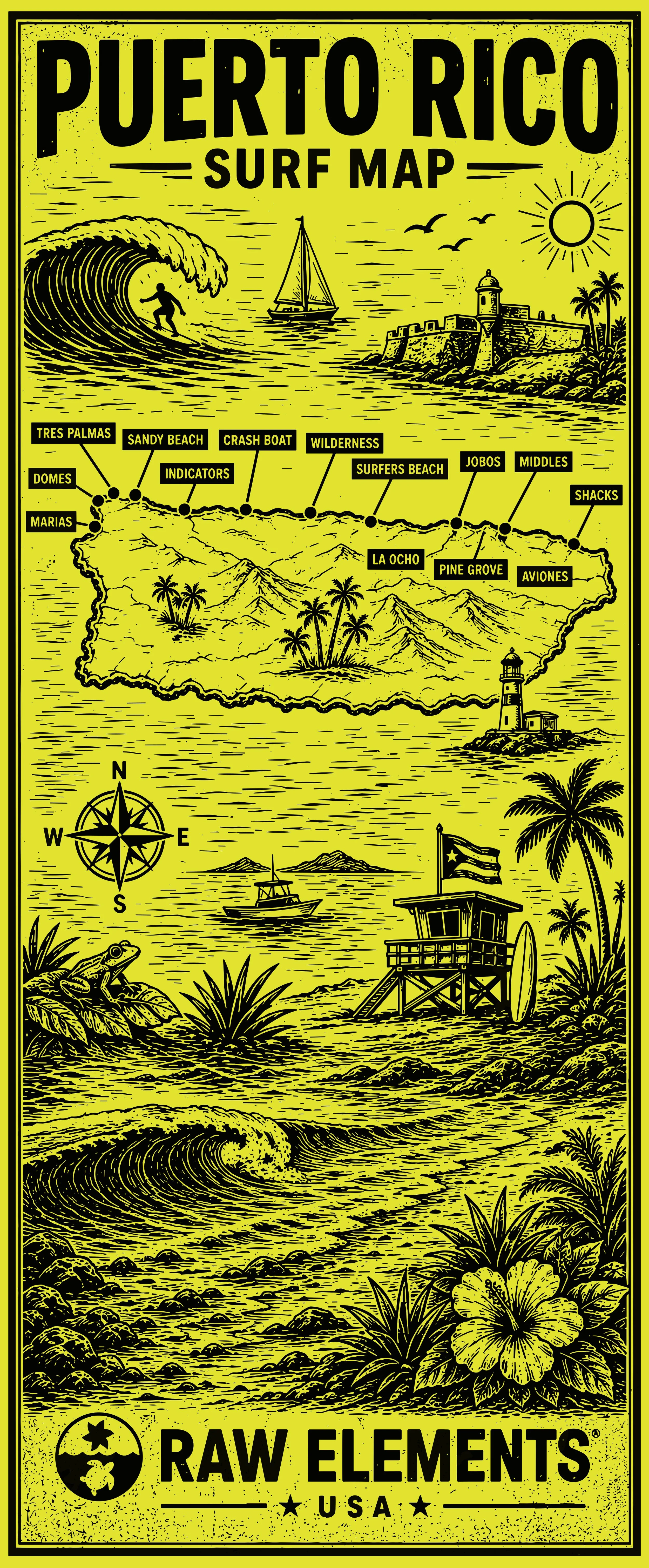 Map of Puerto Rico's beaches and landmarks, including Tres Palmas, Sandy Beach, Crash Boat, Wilderness, Surfers Beach, La Ocho, Pine Grove, Aviones, Shacks, Jobos, and Middles, with illustrations of a surfer, sailboat, lighthouse, palm trees, and a b