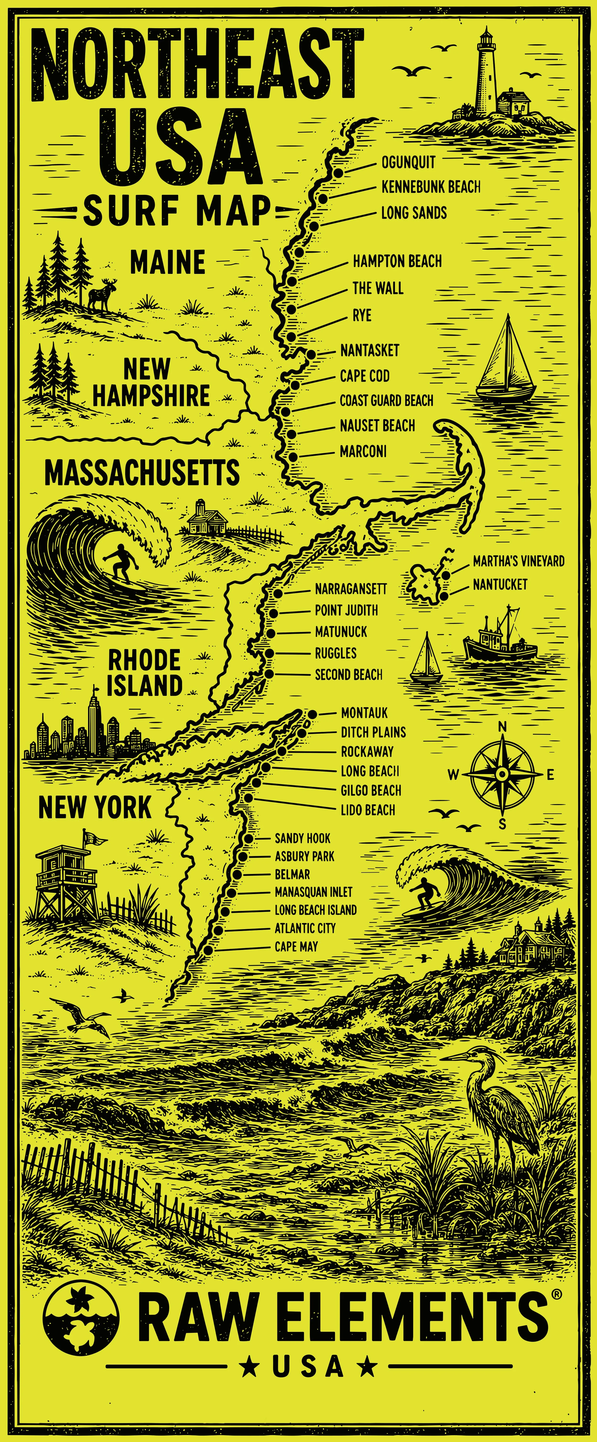 Map of Northeast USA surf spots including Maine, New Hampshire, Massachusetts, Rhode Island, and New York with illustrations of waves, trees, animals, and landmarks.