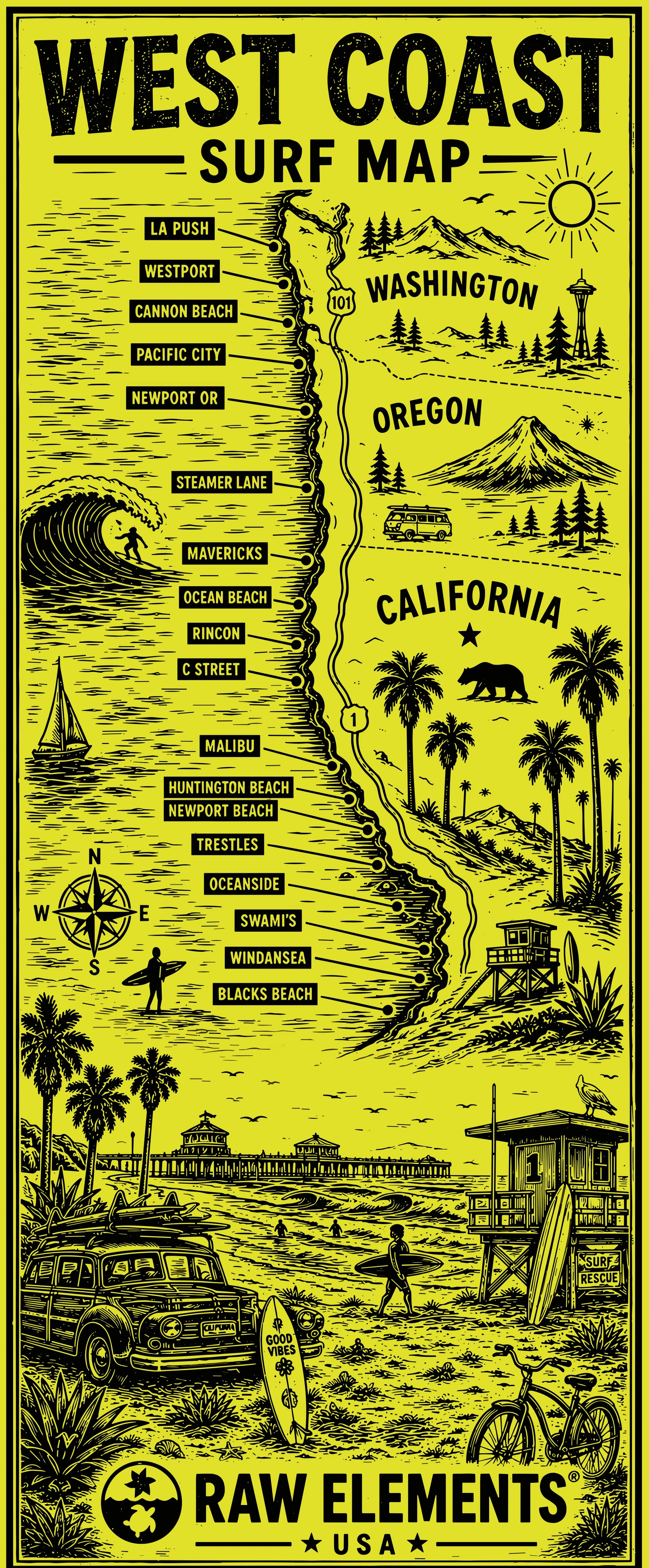 A black and yellow illustrated surf map of the West Coast, showing locations in Washington, Oregon, and California such as Cannon Beach, Pacific City, Malibu, and Blacks Beach, with surf-related imagery including a surfer, wave, boat, and lifeguard t