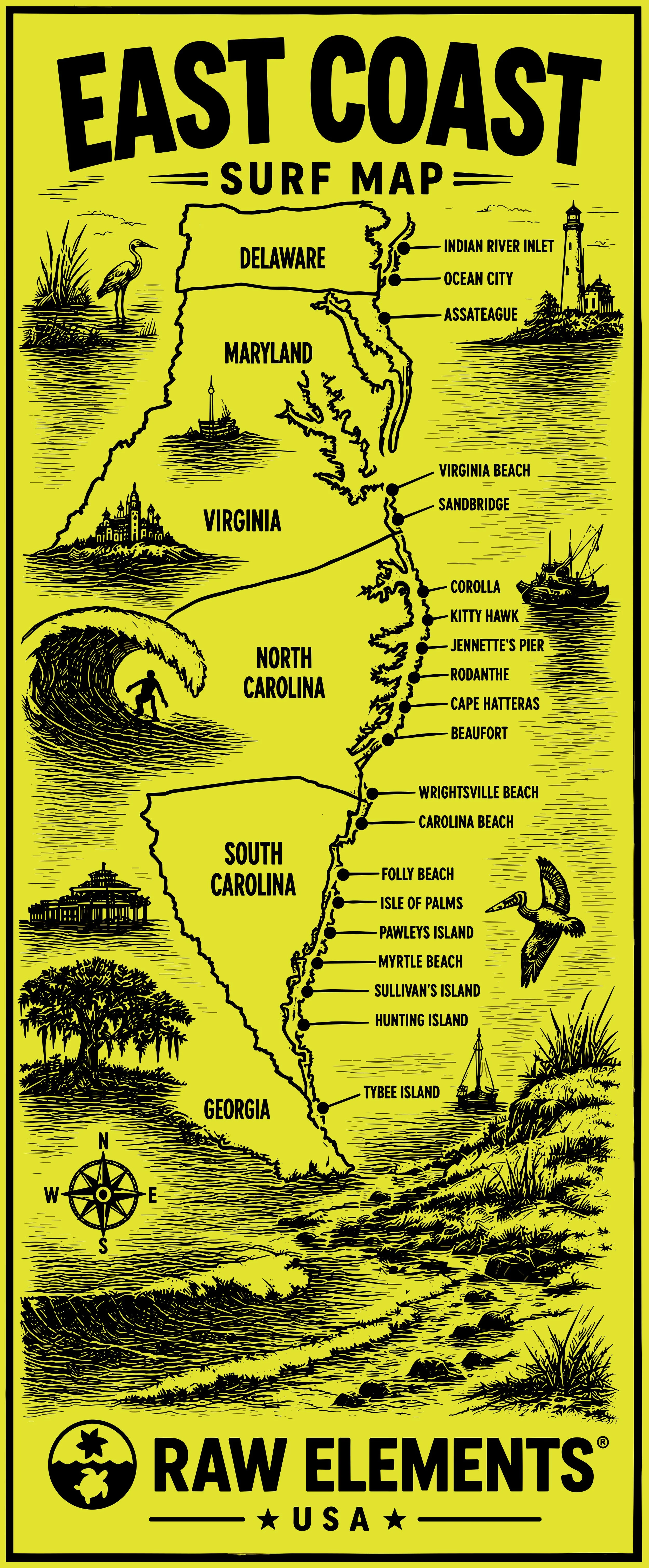 A yellow map of the East Coast of the United States showing popular surf spots from Tybee Island, Georgia, to Indian River Inlet, Delaware. The map includes illustrations of regional landmarks and marine life.