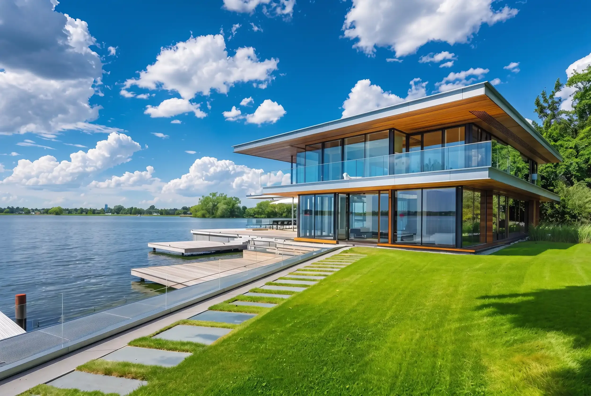 Modern house with large glass windows and wooden accents by a lake, with a green lawn and a blue sky with fluffy clouds.
