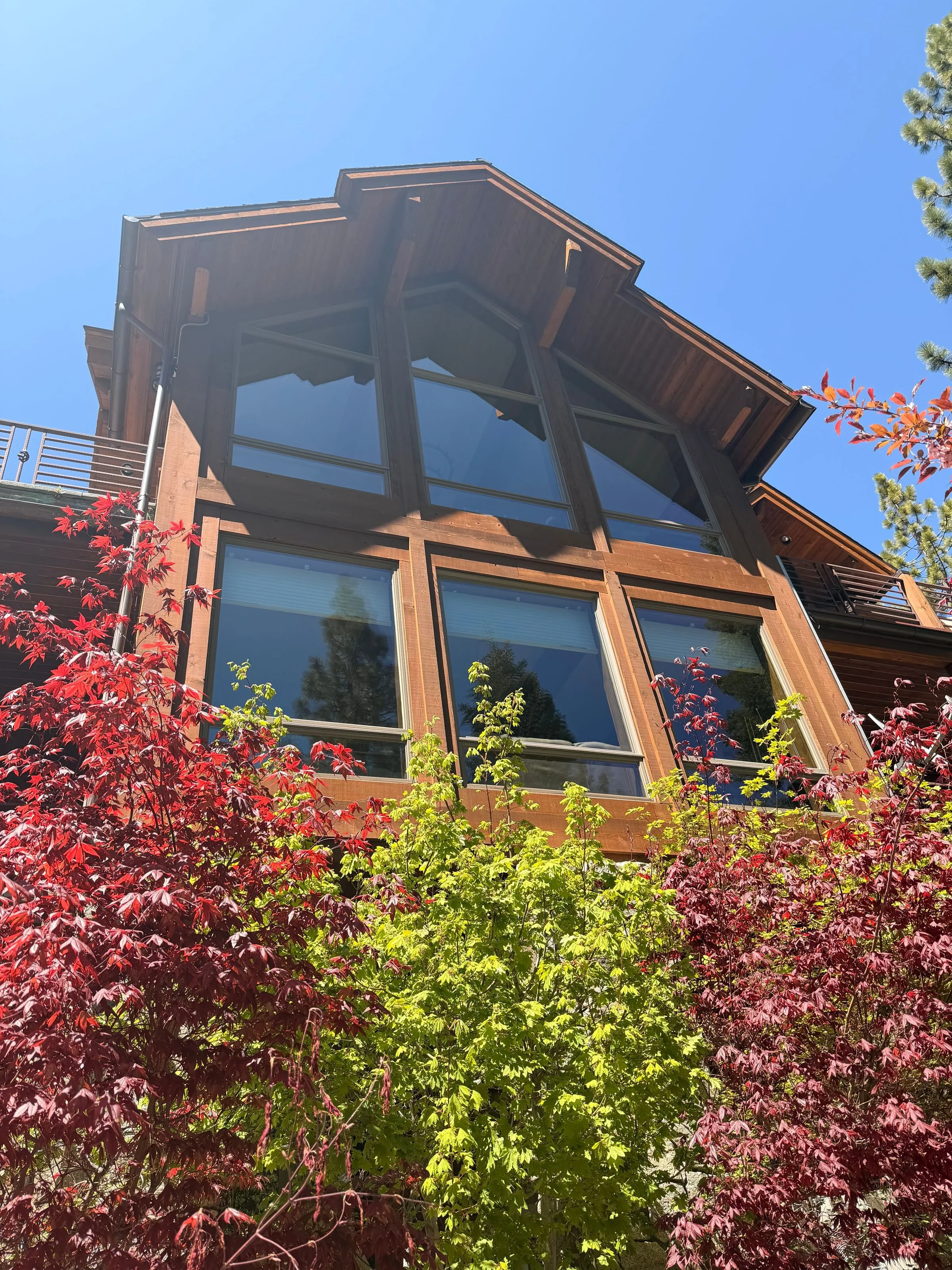A modern multi-story house with large glass windows and wooden exterior, surrounded by red and green leaves, under a clear blue sky.