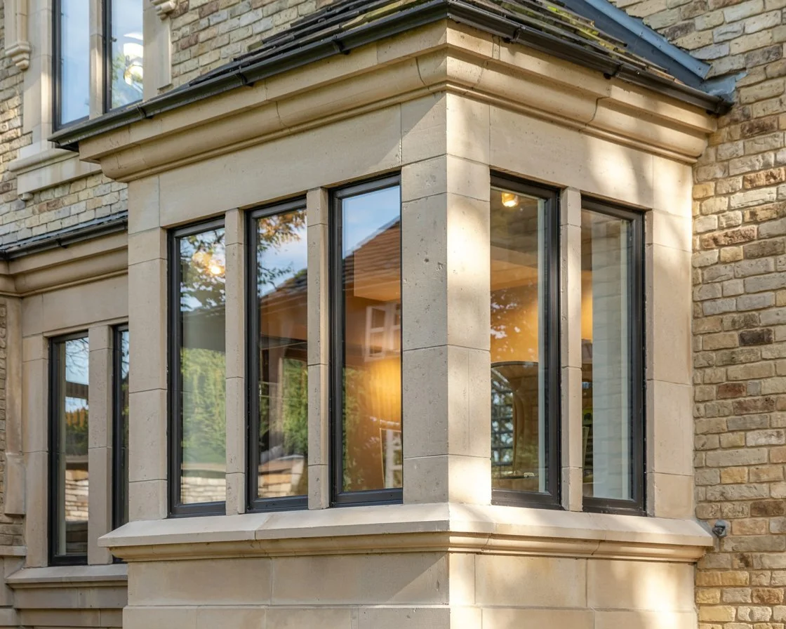 Close-up of a house's exterior corner with large bay window, stone trim, and brick wall.