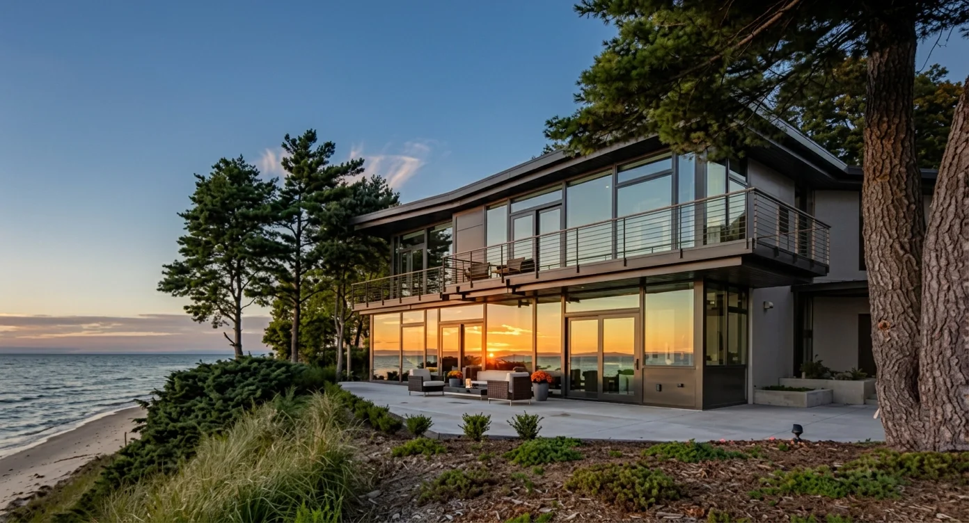 Modern beach house with large glass windows and balcony, overlooking the ocean during sunset, with outdoor seating and surrounding trees.