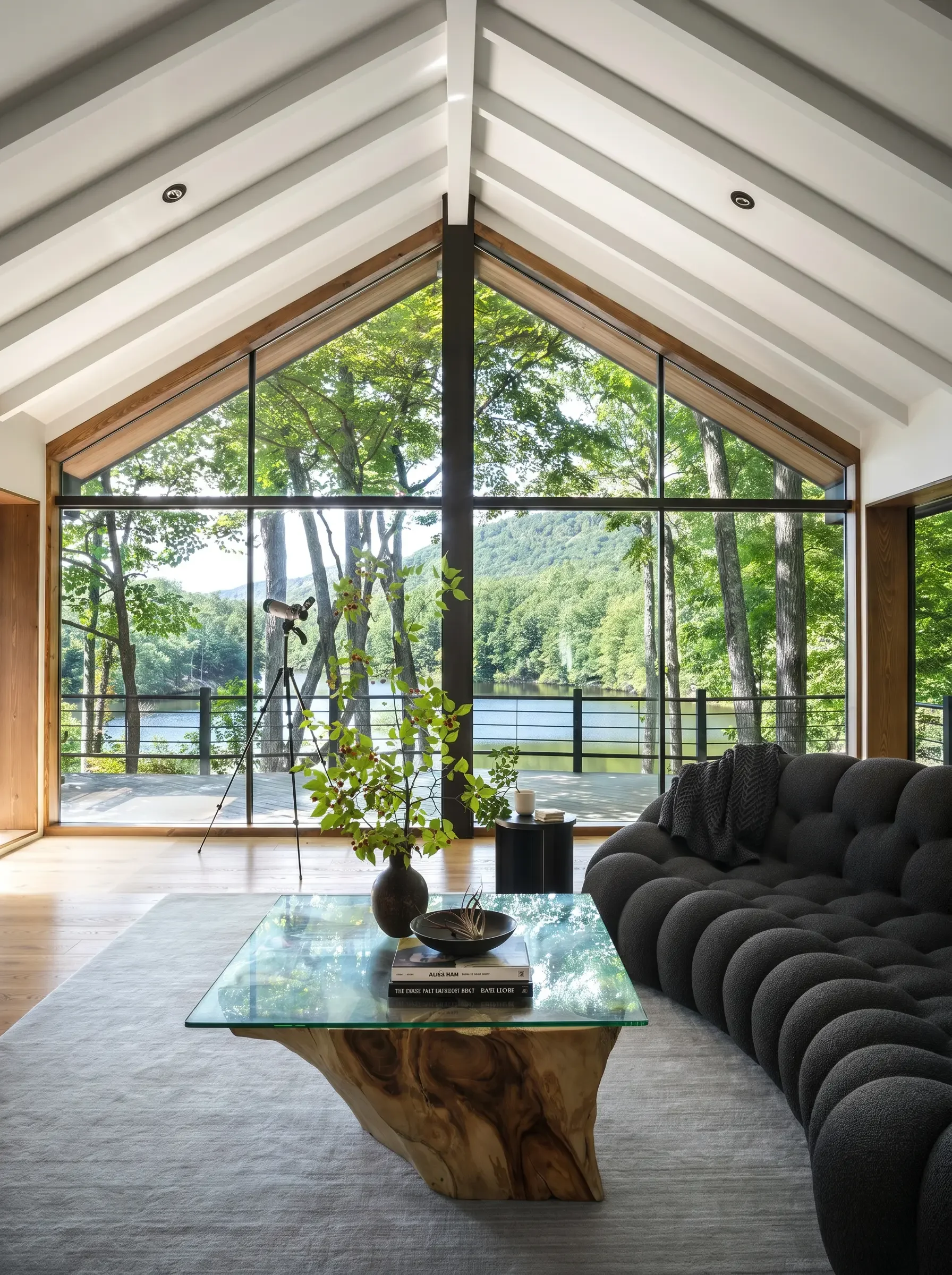 Living room with large window showing a lush green outdoor landscape, black couch, glass coffee table with books and decorative items, and a standing telescope near the window.